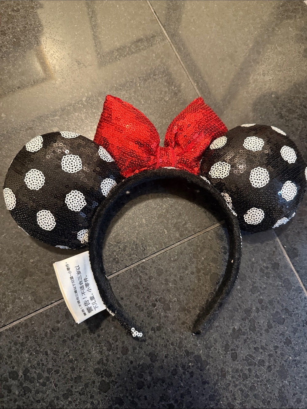 Disney Parks Minnie Mouse Authentic and White Sequin Polka Dot Ear Headband - Picture 3 of 9